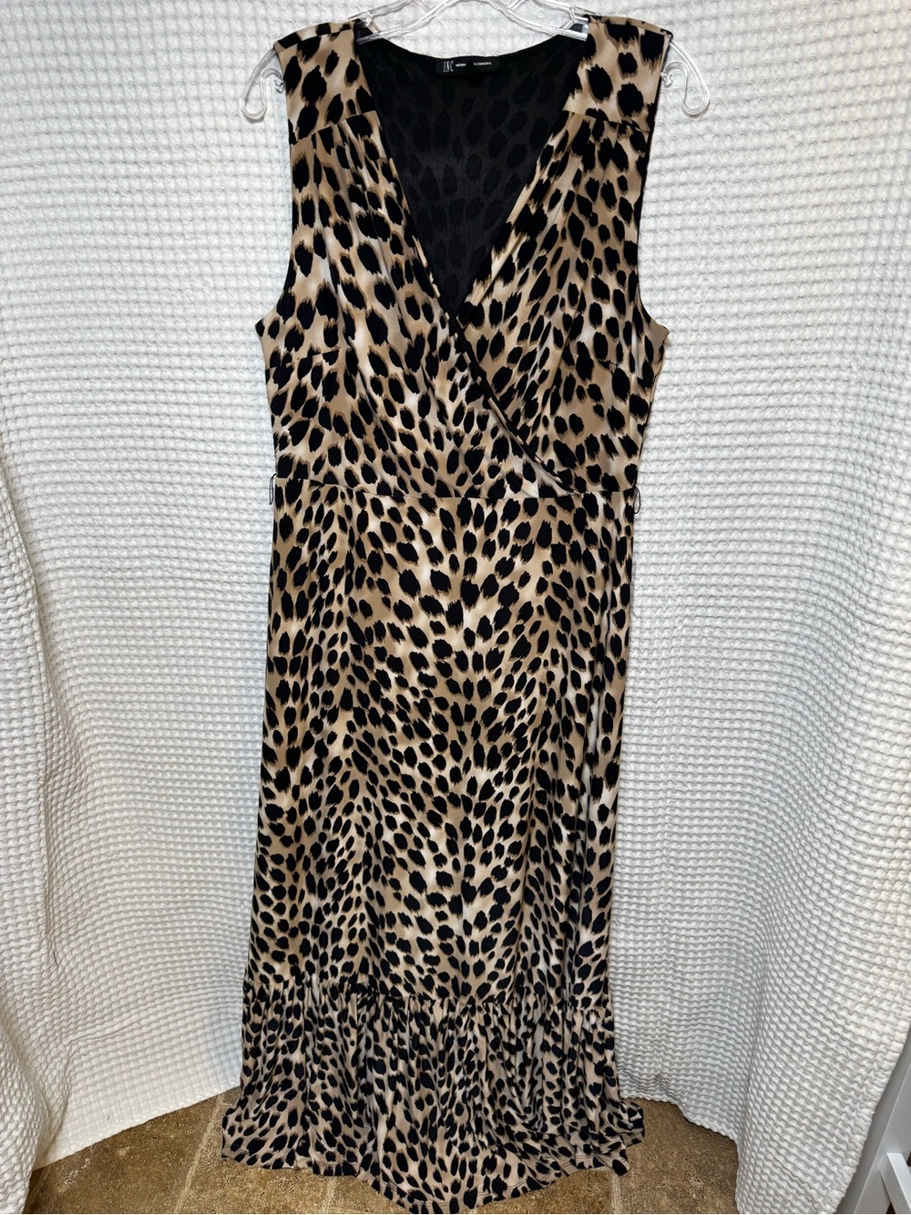INC International Concepts Leopard Print Maxi Dress Large Faux Wrap Ruffle